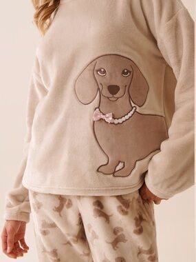 La Vie En Rose Beige Plush Pajama Set with Dachshund Applique